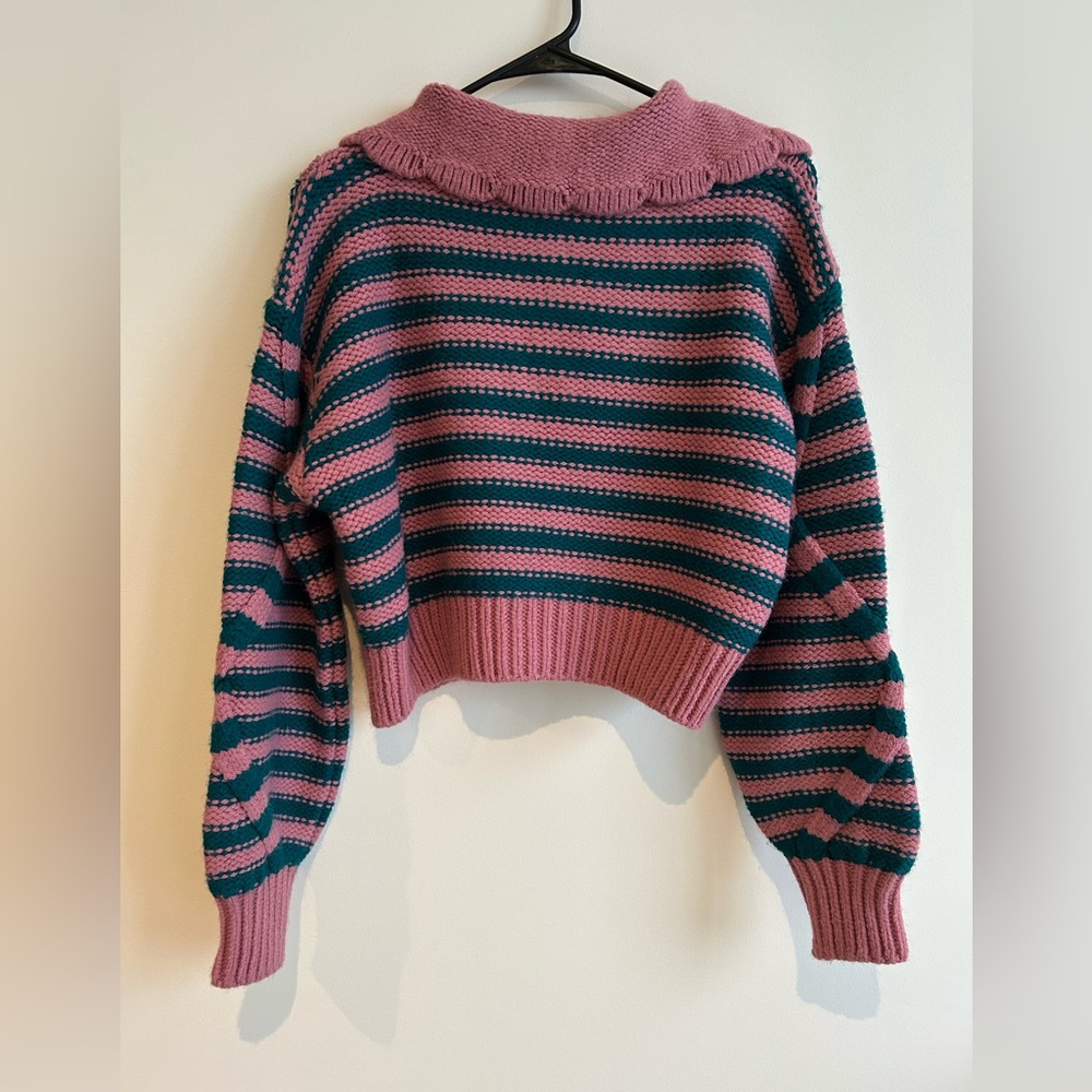 ZARA Ruffled Striped Cable Knit Sweater Pink Green Size S - Picture 11 of 11